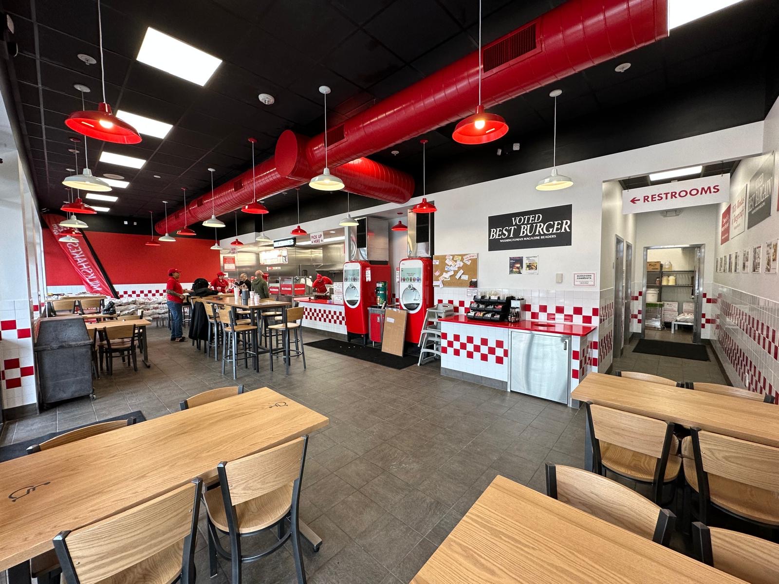 Wide view of the finished Five Guys dining room on opening day