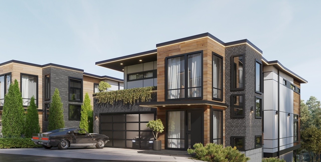 Modern two-story custom home elevation with wood and stone siding